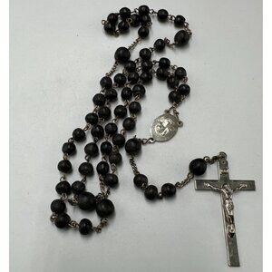 Vintage AP Sterling Silver Rosary Black Wooden Beads Prayer Crucifix Religious